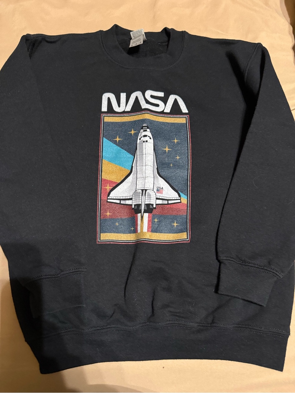 Gildan Black NASA Shuttle Crewneck Sweatshirt with Multicolor Retro Graphic
